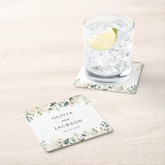 Dessous-de-verre Carré En Papier Fleurs blanches, Fleurs de crème, Verdure, Mariage (En situation)