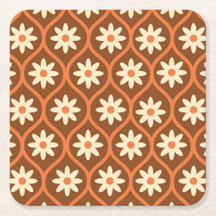 Dessous-de-verre Carré En Papier Fleurs blanches rétro sur ogee vintage marron