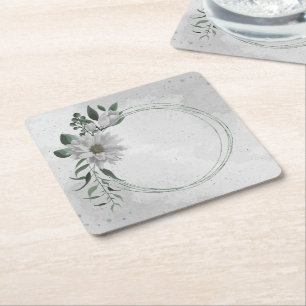 Dessous-de-verre Carré En Papier fleurs blanches romantiques et mariage feuille ver