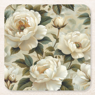 Dessous-de-verre Carré En Papier Fleurs blanches sur fond crème.
