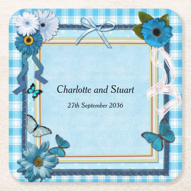 Dessous-de-verre Carré En Papier Fleurs bleues et papillons (Devant)