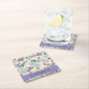 Dessous-de-verre Carré En Papier Fleurs Bleues, Fleurs Violettes, Floral, Votre Nom
