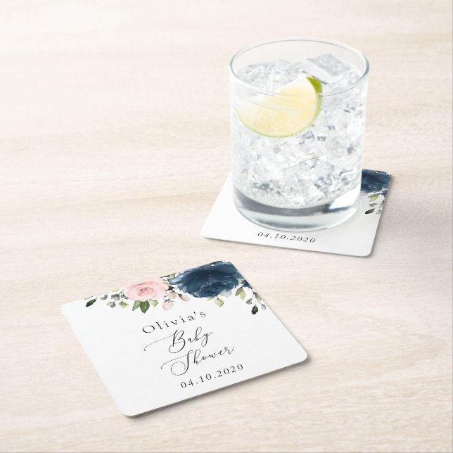 Dessous-de-verre Carré En Papier Fleurs Bleues Marine, Fleurs Roses, Baby shower (En situation)