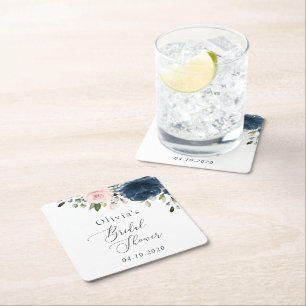 Dessous-de-verre Carré En Papier Fleurs Bleues Marine, Fleurs Roses, Fête des marié