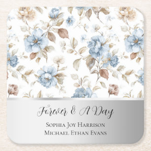 Dessous-de-verre Carré En Papier Fleurs Bleues Romantiques Feuilles Marrons Mariage
