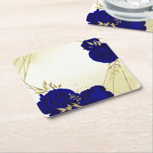 Dessous-de-verre Carré En Papier Fleurs bleues royales feuilles dorées mariage