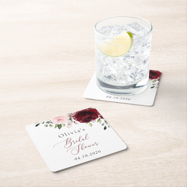 Dessous-de-verre Carré En Papier Fleurs Bourgogne, Fleurs Roses, Fête des mariées (En situation)