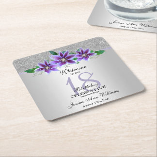 Dessous-de-verre Carré En Papier Fleurs Clematis et Argent Classy 18e anniversaire
