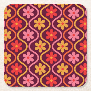 Dessous-de-verre Carré En Papier Fleurs colorées rétro sur motif ogee vintage