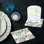Dessous-de-verre Carré En Papier Fleurs crème verte poussiéreuse nom d'anniversaire<br><div class="desc">Un motif aux fleurs vert et crème poussiéreux. Personnalisez et ajoutez un nom et une date.</div>