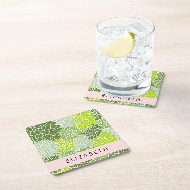 Dessous-de-verre Carré En Papier Fleurs Dahlia Vertes, Motif Floral, Votre Nom (En situation)