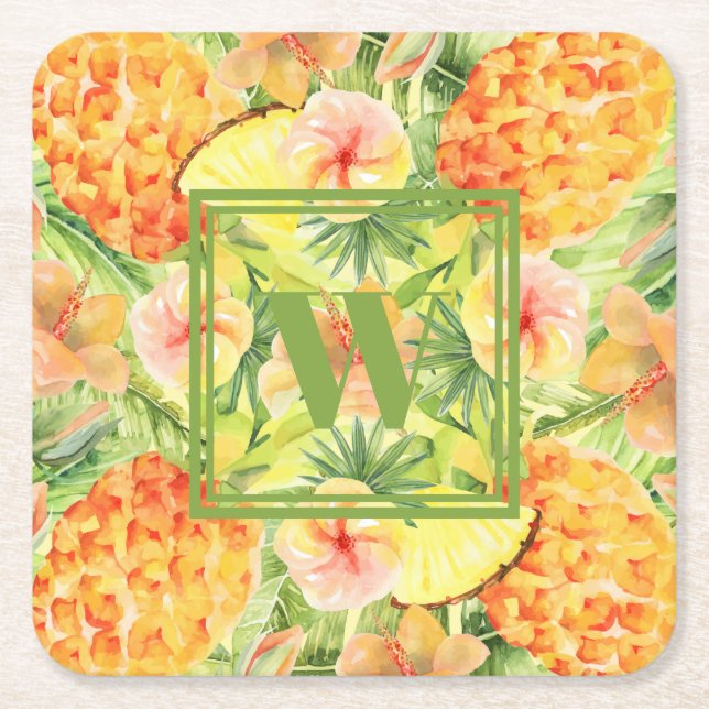 Dessous-de-verre Carré En Papier Fleurs d'ananas Monogrammes (Devant)