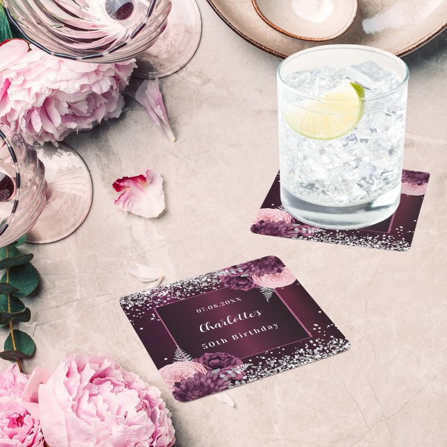 Dessous-de-verre Carré En Papier Fleurs d'argent bourgogne anniversaire (Créateur téléchargé)