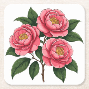 Dessous-de-verre Carré En Papier Fleurs de camélia roses en fleurs avec des feuille