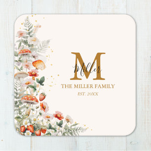 Dessous-de-verre Carré En Papier Fleurs de champignons de forêt Monogramme floral b