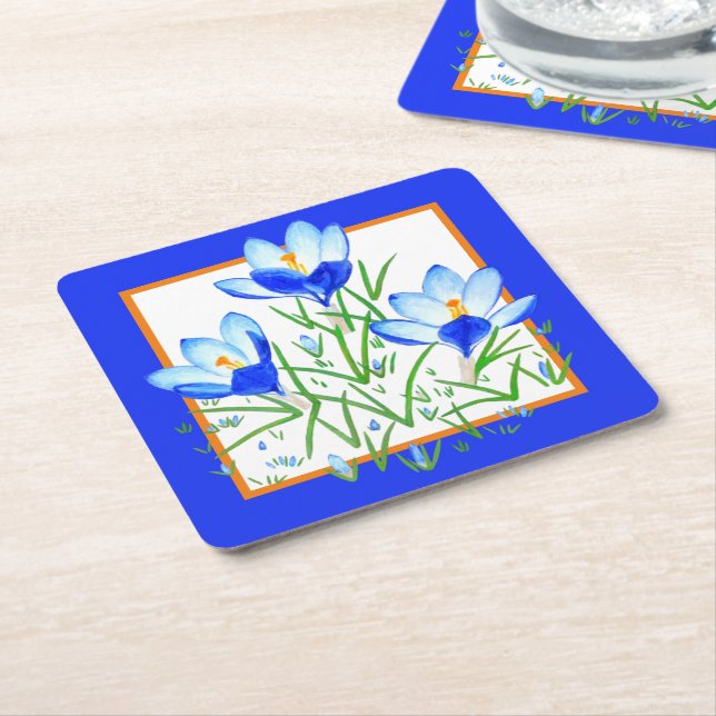 Dessous-de-verre Carré En Papier Fleurs de Crocus Bleu (Incliné)