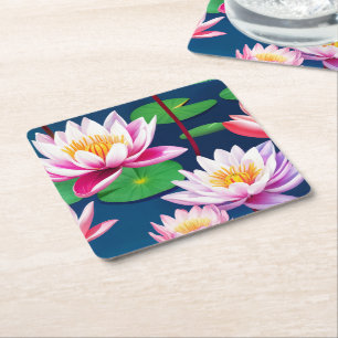 Dessous-de-verre Carré En Papier Fleurs de lotus blanc rose et feuilles vertes