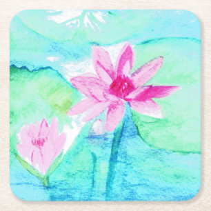 Dessous-de-verre Carré En Papier Fleurs de lotus rose pastel aquarelle