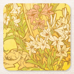Dessous-de-verre Carré En Papier fleurs de lys Art nouveau d'Alphonse Mucha