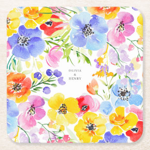 Dessous-de-verre Carré En Papier Fleurs de mariage aquarelle vibrantes de printemps