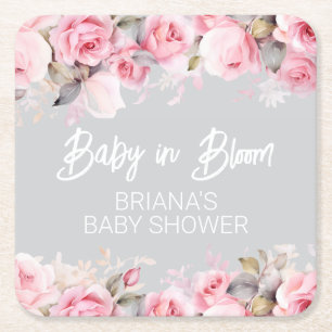 Dessous-de-verre Carré En Papier Fleurs de roses roses gris Fille Baby Shower