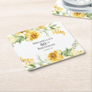 Dessous-de-verre Carré En Papier Fleurs de verdure à l'aquarelle jaune 80e annivers