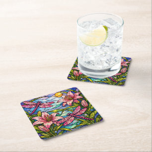 Dessous-de-verre Carré En Papier Fleurs de verre teinté de lys et de libellules ros