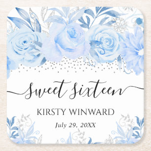 Dessous-de-verre Carré En Papier Fleurs d'hiver bébé bleu aquarelle Sweet Sixteen