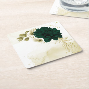 Dessous-de-verre Carré En Papier Fleurs d'or et d'ivoire vert émeraude incroyables