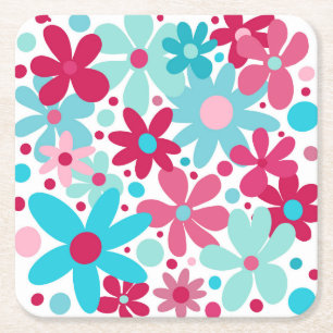 Dessous-de-verre Carré En Papier Fleurs funky bleu et rose