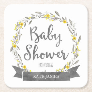 Dessous-de-verre Carré En Papier Fleurs jaunes et Feuilles gris Baby shower de cour