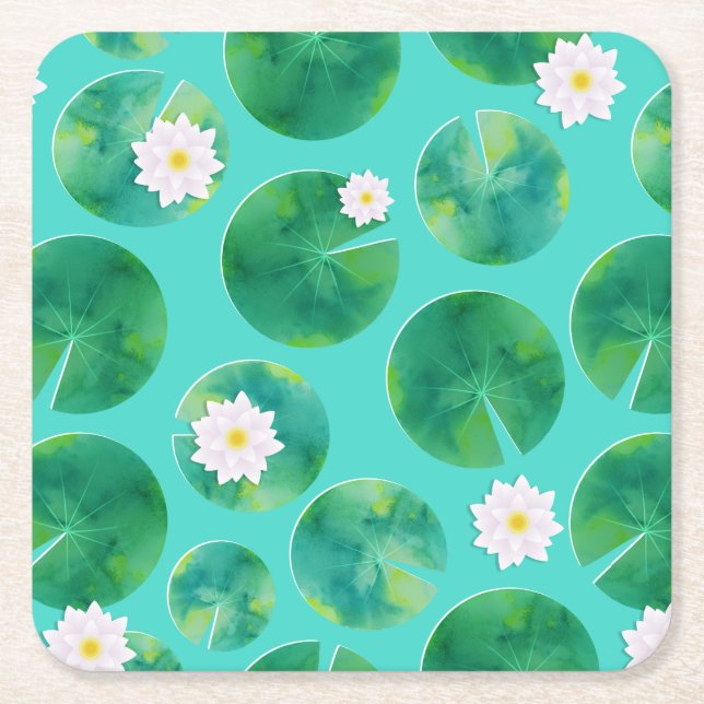 Dessous-de-verre Carré En Papier Fleurs Lys d'Eau Blanche & Motif Lily Pad (Devant)