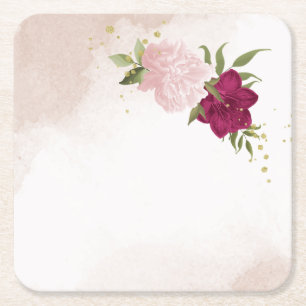 Dessous-de-verre Carré En Papier fleurs magenta et roses verdure mariage 