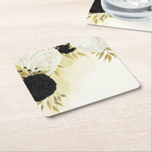 Dessous-de-verre Carré En Papier fleurs noires et blanches feuilles dorées mariage