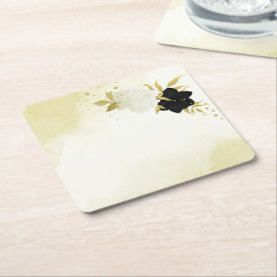 Dessous-de-verre Carré En Papier fleurs noires et blanches feuilles dorées mariage