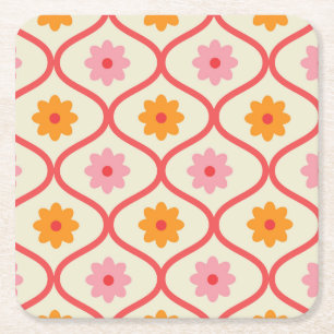 Dessous-de-verre Carré En Papier Fleurs orange et rose rétro sur motif Ogee