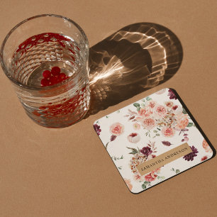 Dessous-de-verre Carré En Papier Fleurs Pastel Modernes & Cadeau Personnalisé Kraft