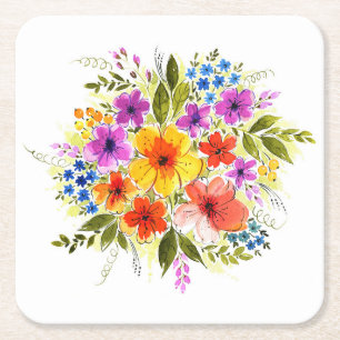 Dessous-de-verre Carré En Papier Fleurs peintes à la main, bouquet d'aquarelle lumi