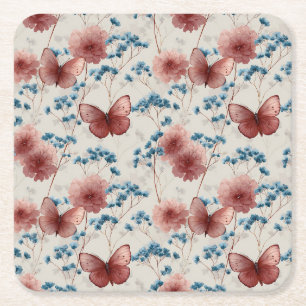 Dessous-de-verre Carré En Papier Fleurs printanières vintage et papillons roses