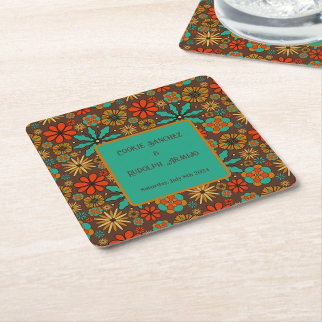 Dessous-de-verre Carré En Papier Fleurs Rétro Marron Turquoise Rouge floral groovy  (Incliné)