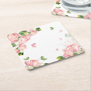 Dessous-de-verre Carré En Papier fleurs rose chaud feuilles vertes papillons