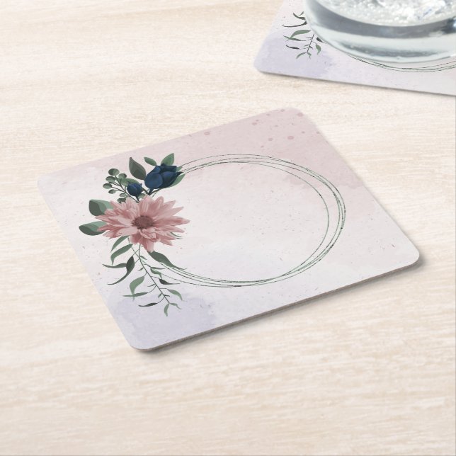 Dessous-de-verre Carré En Papier fleurs rose et marine botanique (Incliné)