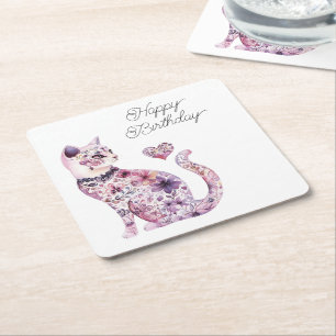 Dessous-de-verre Carré En Papier Fleurs Rose Violet Blush Coeur Amour Chat Annivers
