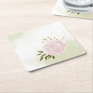 Dessous-de-verre Carré En Papier Fleurs roses boho feuilles vertes botanique