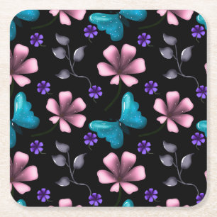 Dessous-de-verre Carré En Papier Fleurs roses fantaisistes et papillon bleu sans co