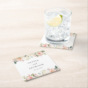 Dessous-de-verre Carré En Papier Fleurs roses, Fleurs blanches, Verdure, Mariage