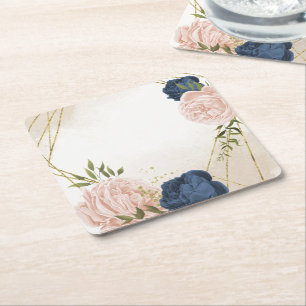 Dessous-de-verre Carré En Papier fleurs roses marine feuilles vertes mariage