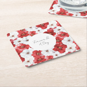 Dessous-de-verre Carré En Papier Fleurs Rouges et Blanches Mariage Baby Shower