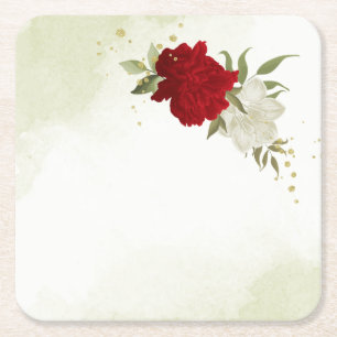 Dessous-de-verre Carré En Papier fleurs rouges feuilles vertes mariage