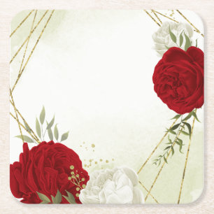 Dessous-de-verre Carré En Papier fleurs rouges feuilles vertes mariage
